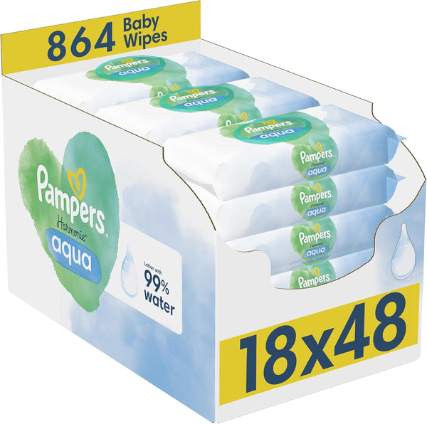Harmonie Aqua Baby Wipes Plastic Free 18 Packs of 48 Wipes, 864 Baby Wet Wipes, Help Restore Natural Skin Ph, Delicate Lotion with 99 Percent Water