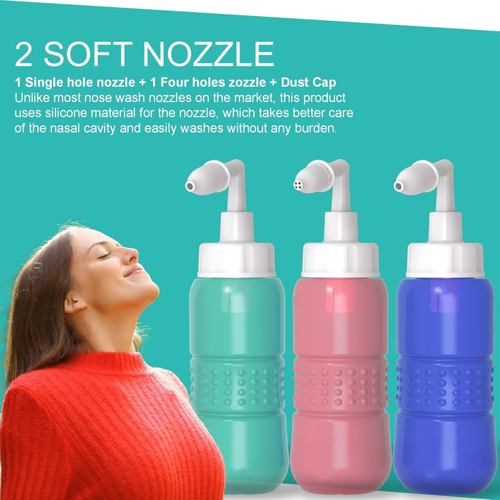 Travel Sinus Rinse Kit +5 Nasal Wash Salt Packets Neti Pot with 2 Soft Nozzle Nasal Rinse Mix Nose Wash Bottle 300Ml + Nasal Sprayer with Nasal Rinse Mix +Bag BPA Free,Blue