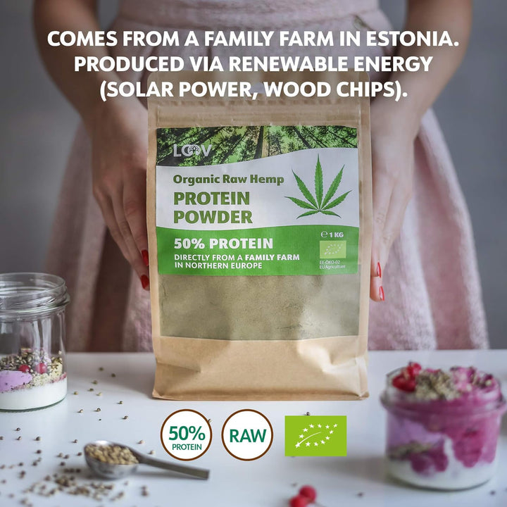Organic Raw Hemp Protein Powder, 1Kg, 50% Protein, Nutrients Preserved, Delicious Nutty Flavour, Organically Grown in Nordic Climate, Plant-Based Vegan Protein Powder, Non-Gmo