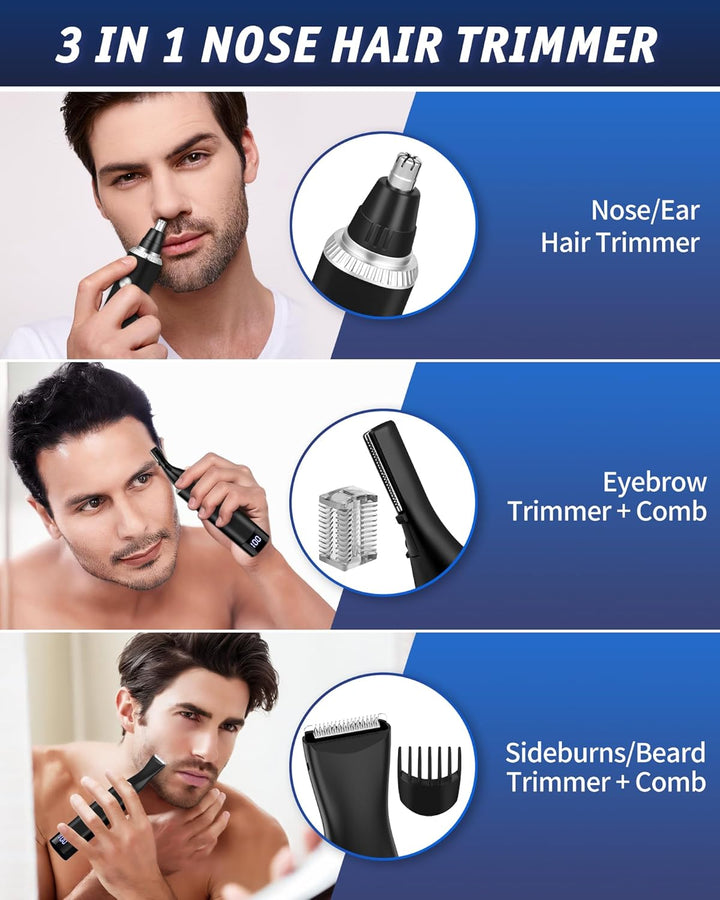 Rechargeable Nose Hair Trimmer for Men and Women, 3-In-1 Professional Painless Eyebrow and Facial Hair Trimmer, IPX7 Waterproof Nose Trimmer Men with Dual Edge Blades,Eyebrow Trimmer