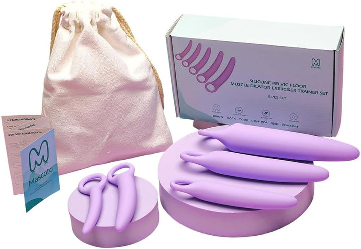 Pelvic Floor Trainer Set by Moscoto®, 5-Piece Set for Beginners to Advanced, Soft Silicone Muscle Dilators, Complete with Cotton Travel Pouch