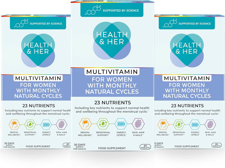 Health & Her Multivitamin for Women with Monthly Natural Cycles - Supplements for Women - Nutrition and Wellbeing Support for Menstrual Cycle - 1 Month Supply, 60 Tablets - Vegan & Gluten Free