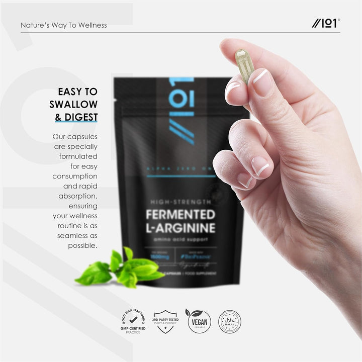 Fermented L-Arginine 1500Mg with Bioperine® & Biotin - 90 Vegan Capsules – High Strength Amino Acid Supplement – Resealable and Recyclable Pouch – by