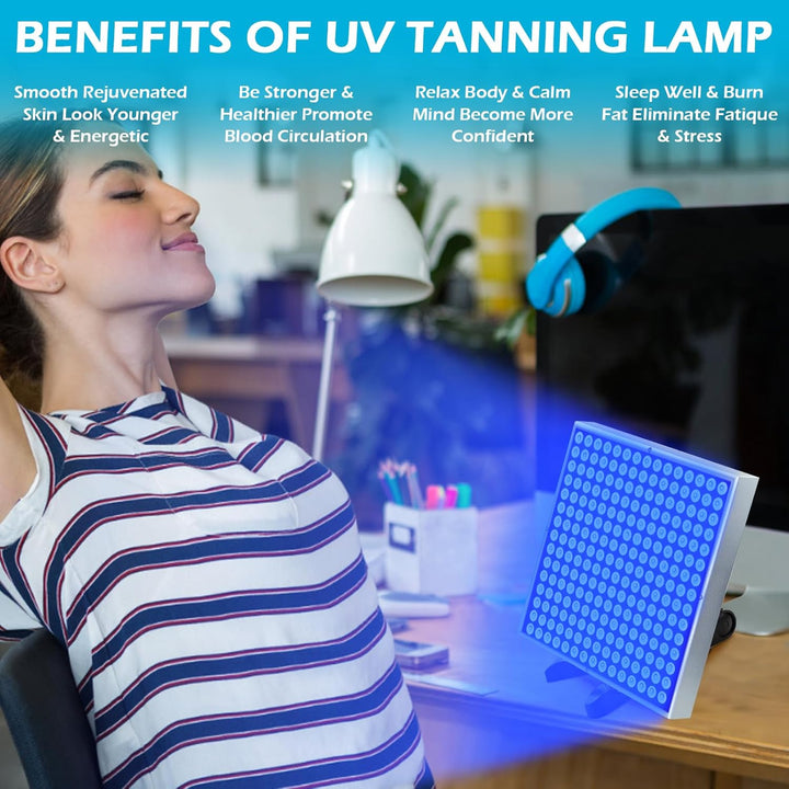 Home Tanning Lamp,45W Face and Body Sunlamp with Hanging Ring Hook and Blindfold,460Nm Full Blue Therapy Lamp LED Skin Tanning Light with 225Pcs Leds,Eye Protection Self Tanning Machine for Face,Body
