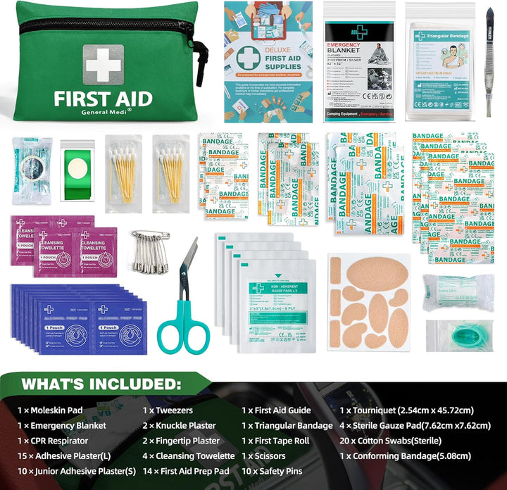 Mini First Aid Kit, 92 Pieces Small First Aid Kit - Includes Emergency Foil Blanket, Scissors for Travel, Home, Office, Vehicle, Camping, Workplace & Outdoor (Green)