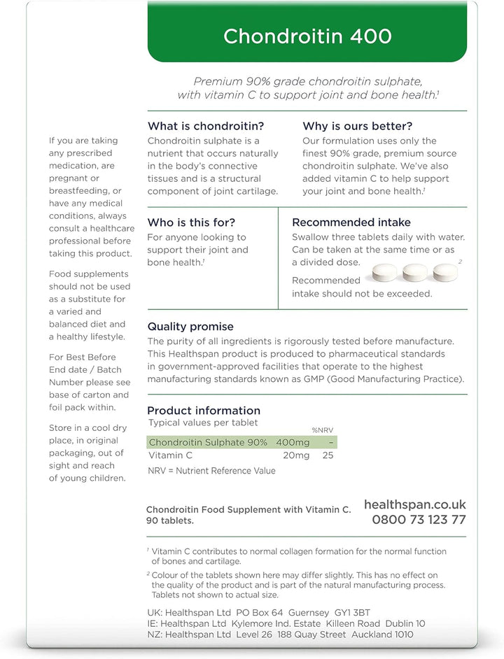 Chondroitin (90 Tablets) | High Strength 90% Grade Chondroitin Sulphate | with Added Vitamin C to Support Healthy Bones and Joints | Gelatin Free