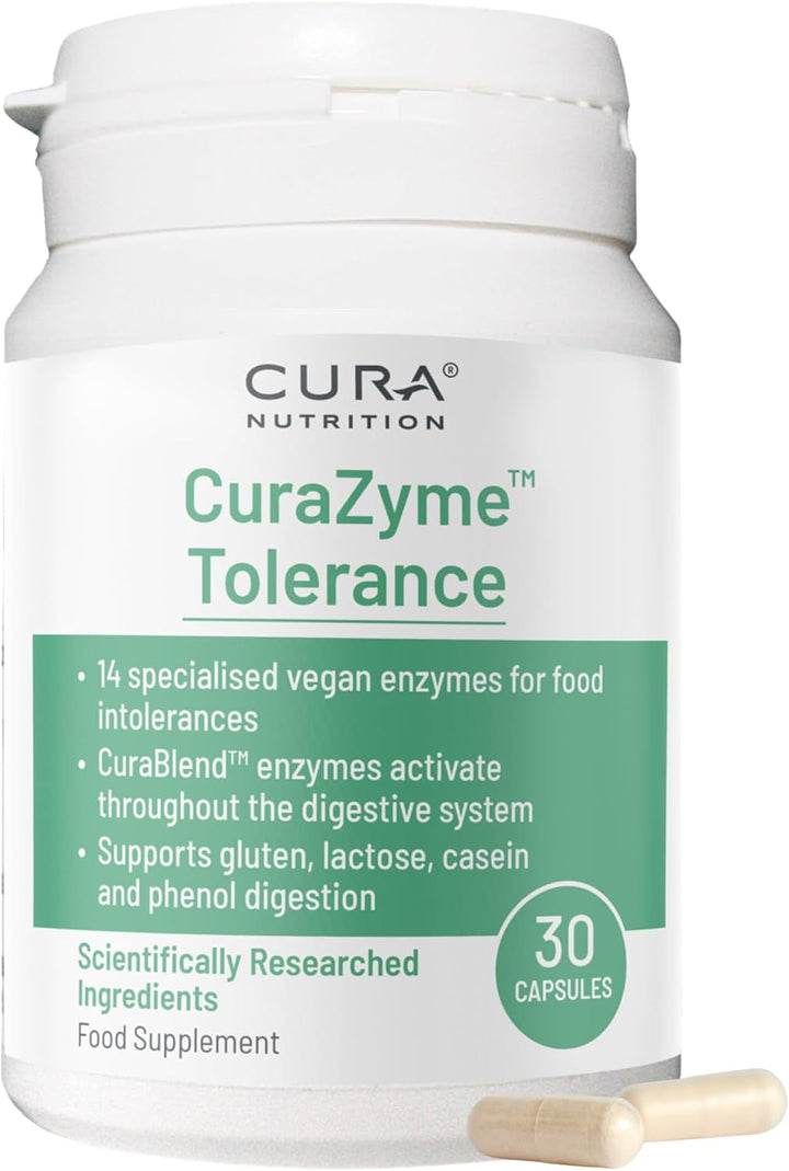 CURAZYME Tolerance (30 Capsules) Food Intolerance Digestive Enzymes Supplement for Gut Health Support, Broad Spectrum Enzyme Complex for Bloating, Heartburn, Digestion Relief, Vegan