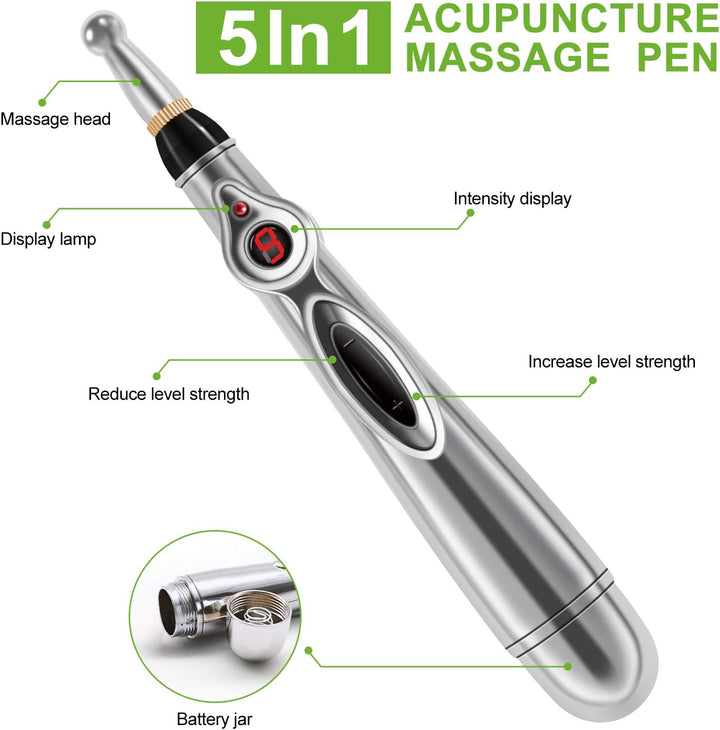 Acupuncture Energy Pen, Pulse Relief Massage Pen with 5 Massage Heads,Pain Relief Therapy Electric Meridians Acupuncture Machine Meridian Energy Pen for Pain Relief， Nine Power Levels