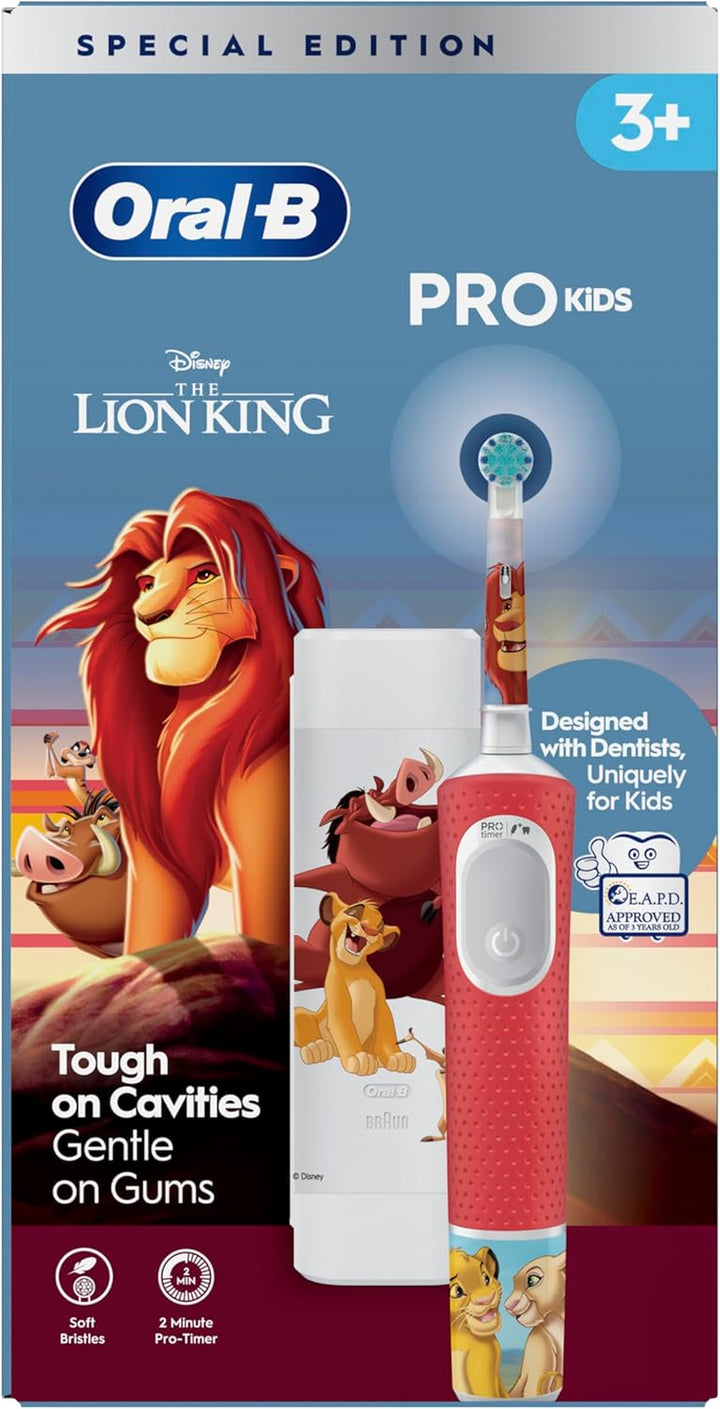 Pro Kids Electric Toothbrush, 1 Handle Featuring Disney the Lion King, 1 Toothbrush Head, 1 Travel Case, Designed by Braun, for Ages 3+