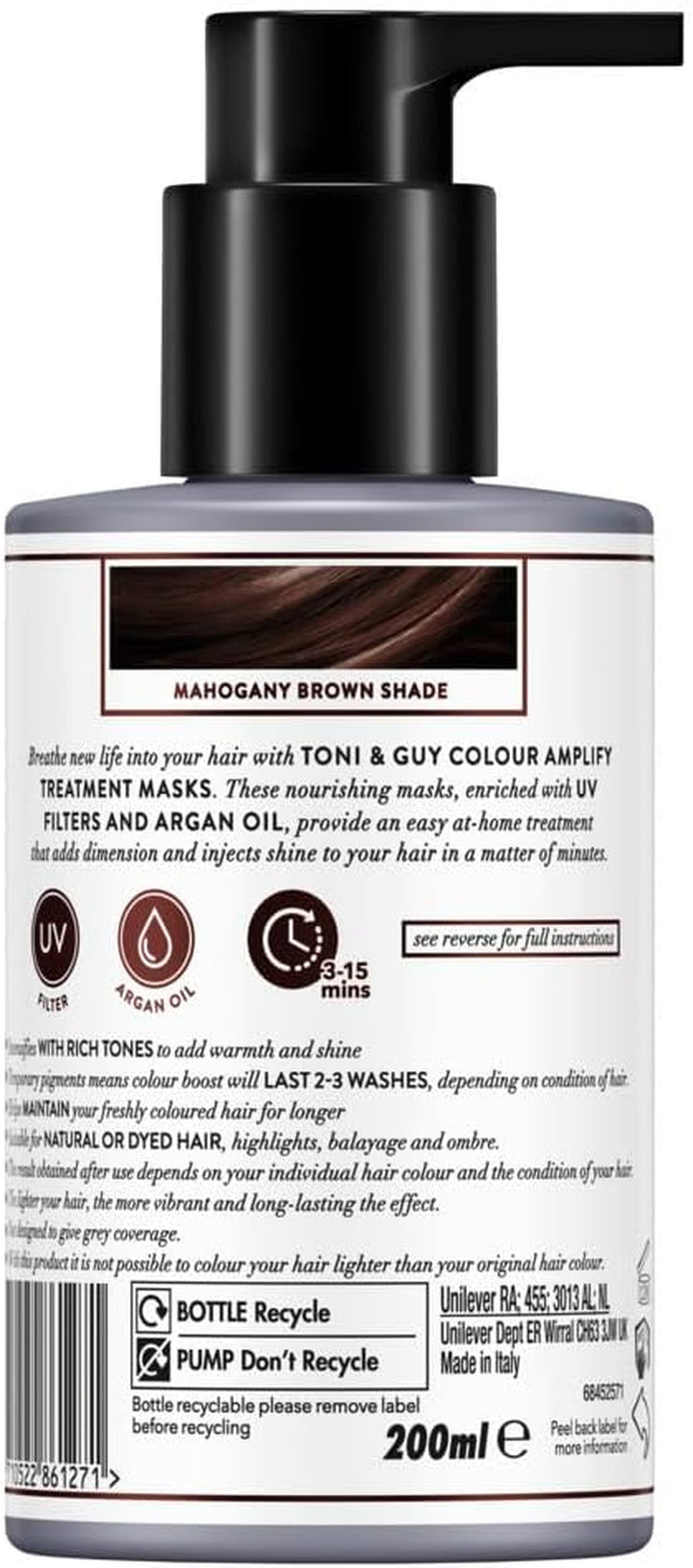 Toni & Guy Mahogany Brown Colour Amplify Hair Conditioning Mask with Temporary Colour Pigments, Argan Oil & UV Protection Filters 200 Ml