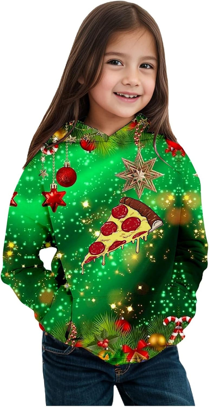 2025 Christmas Print Girls Hooded Sweatshirt Long Sleeve Pullover Top for Winter Holiday Festive Outfit Cozy Fleece Lined Soft Casual Wear