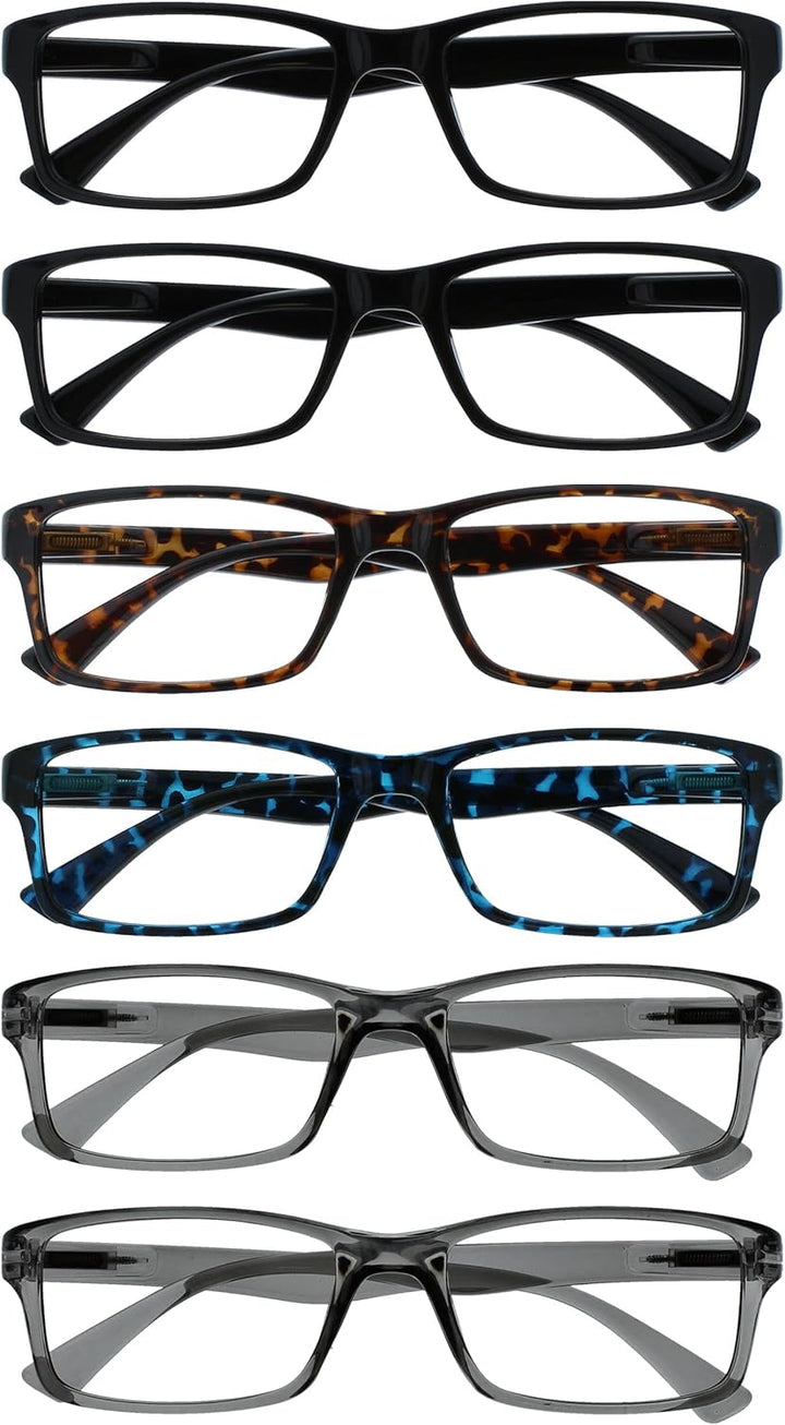 PEP Classic Reading Glasses for Women Men, Scratch Resistant Rectangular Frame with Spring Hinges, Black, +2.5 (Pack of 6)