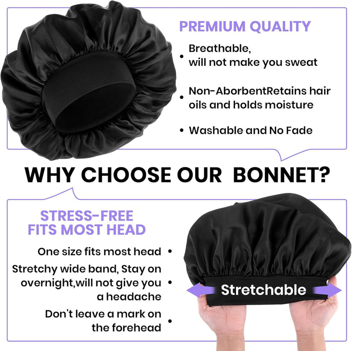 Silk Bonnet for Men, Satin Bonnet Single Layer Elastic Band Silk Sleep Cap Black Soft Adjustable Hair Cap Hair Wrap Large Bonnets for Women Sleeping