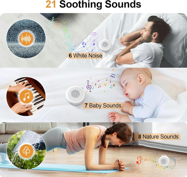 White Noise Machine Baby, Portable White Noise Machine for Adults with 2000Mah Battery, Rain Sound Machine with 21 Soothing Sounds, Sound Therapy with Timer and Volume Adjustment for Sleeping Nursery