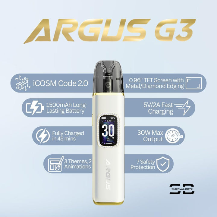 Voopoo Argus G3 Vape Kit (Diamond Pink) - 9 Colours to Choose from - 45 Min Fast Charge 30W /1500Mah, Compatible Will All Argus Pods - No Nicotine (Diamond Pink)