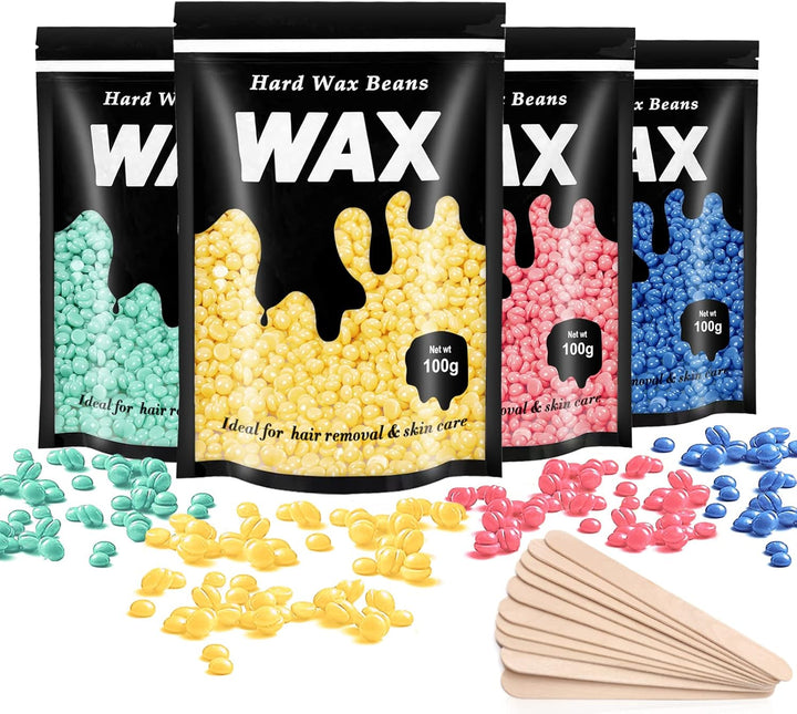 Hard Wax Beads, 4 X 100G Painless Wax Beans with 10 Applicators, Wax Beads Hair Removal for Stripless, Full Body, Face, Bikini, Brazilian, Hollywood