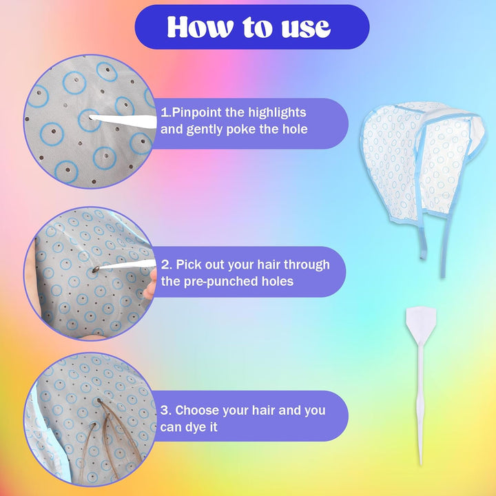 3 Pcs Hair Highlighting Caps, Bleach Cap Coloring Frosting Dye Kit, Highlighting Kit, Highlight Cap with Hooks Highlight Hair Coloring Frosting Dye Kit for Salon Hair Dyeing Hairdressing