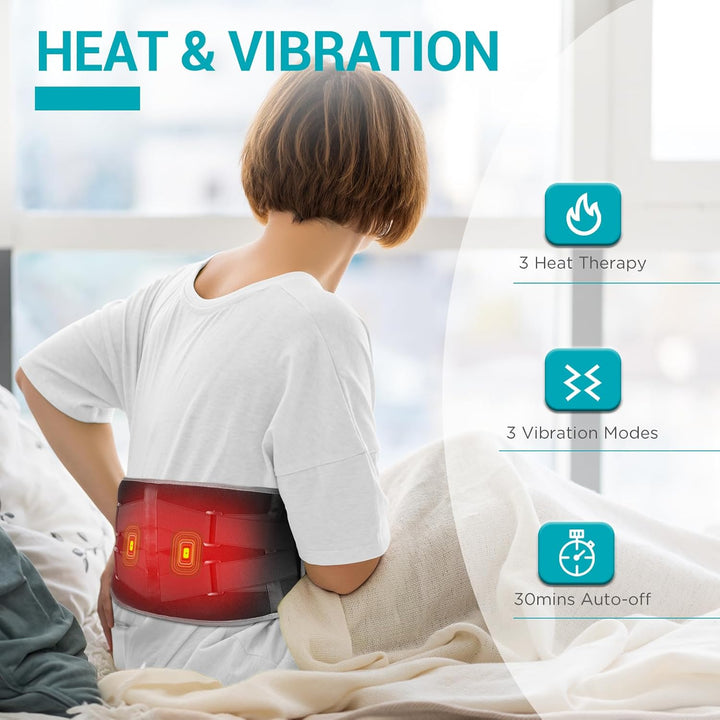 Cordless Back Heat Pad with Massager for Pain Relief, Portable Heated Warmer with Dual Adjustable Straps, Waist Belt for Period, Lower Back Massager, 3 Heating Levels with 30Mins Auto-Off