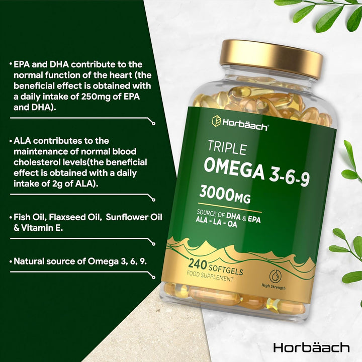 Triple Omega 3 6 9 Capsules 3000Mg ALA, LA & OA | 240 Softgels | High Strength EPA & DHA Essential Fatty Acids | Supplement with Fish Oil, Flaxseed & Sunflower Oil | by