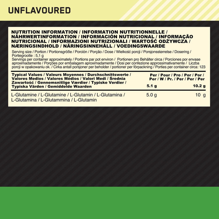 Glutamine Powder, L-Glutamine Amino Acid Powder, Food Supplement, Pre and Post Workout Shake, Unflavoured, 123 Servings, 630 G