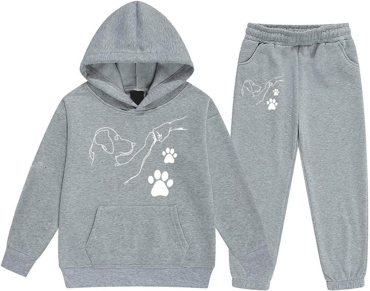 Girls Casual Hooded Tracksuit with Cute Cartoon Fist Bump Print and Drawstring Pockets for Autumn Winter Season