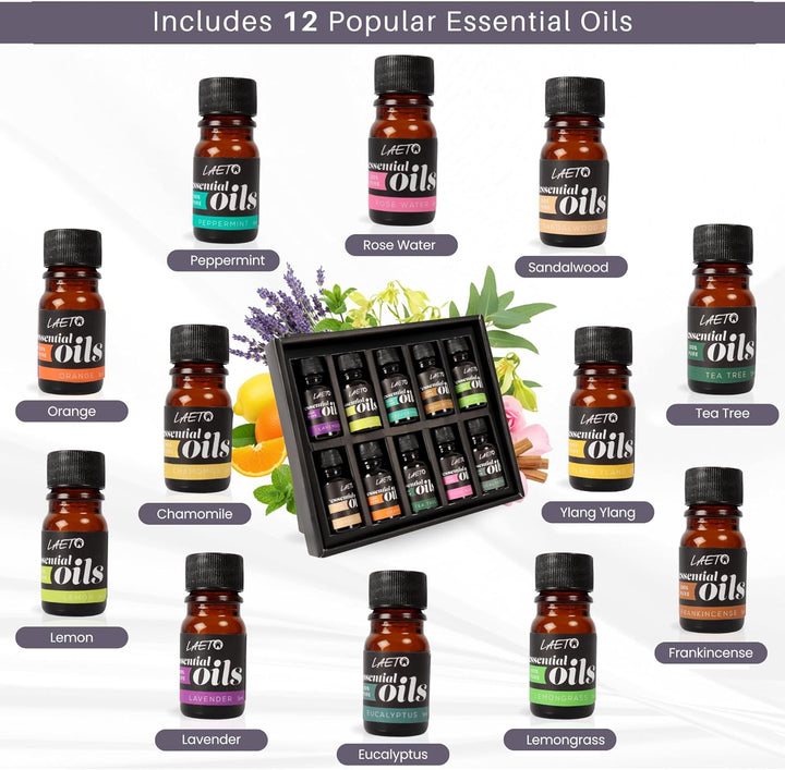 Essential Oils Set 12 X 5Ml | 100% Pure Essential Oils for Diffusers, Burners & Humidifiers | Aromatherapy Oil Gift Collection with Lavender, Peppermint, Lemon, Orange & More