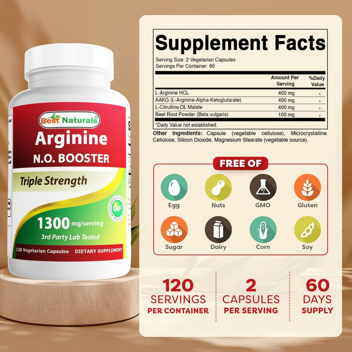 L-Arginine NO Booster Triple Strength 1300 Mg Serving 120 Veg Capsules