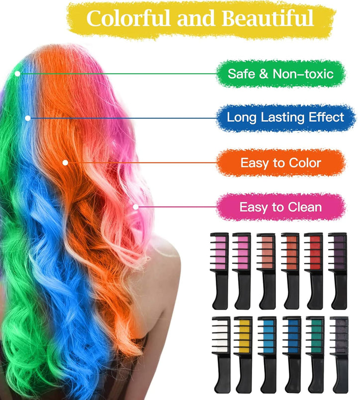 Hair Chalk Comb, 12 Colors Temporary Washable Hair Color Girls Gifts Brush Set for Kids, Boys & Girls Hair Dyeing, Party, Christmas and DIY