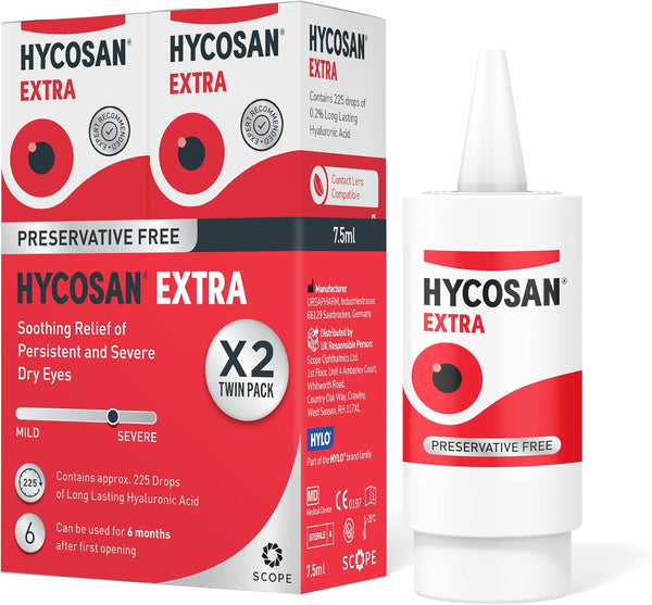 Hycosan Extra - Twin Pack - Eye Drops with Hyaluronic Acid for Soothing Relief of Severe and Persistent Dry Eyes - Contact Lens Compatible - Preservative Free - 2 X 225 Measured Doses