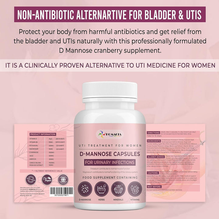 D-Mannose Capsules | Support Bladder Control & Urinary Tract Infection | D Mannose Cystitis Treatment for Women | High Strength 1500 Mg
