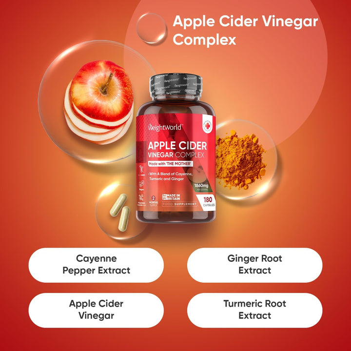 Apple Cider Vinegar Capsules 1860Mg - 2 Months Supply - 180 Capsules - Apple Cider Vinegar with Mother - with a Blend of Cayenne Pepper, Turmeric & Ginger Root - Non-Gmo & Vegan-Friendly