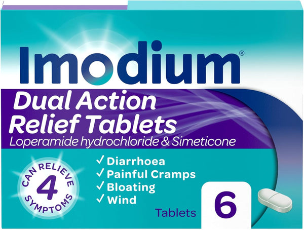 Dual Action, Diarrhoea Relief (6 Tablets), Helps Restore Gut to Natural Rhythm, with Loperamide Hydrochloride & Simeticone, Diarrhoea Tablets for Cramping, Bloating and Wind