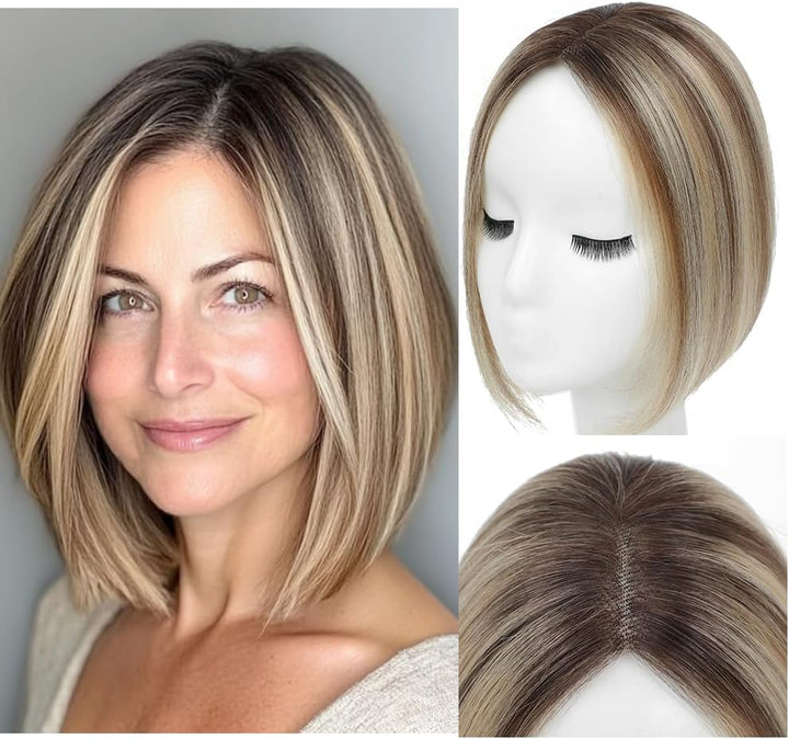 Hair Toppers with Thinninghair 100% Real Human Hair Topper for Women 10Inch Medium Brown Mix Blonde with Dark Brown Root Toppers 120% Density Top Toppee for Thinninghair4T427