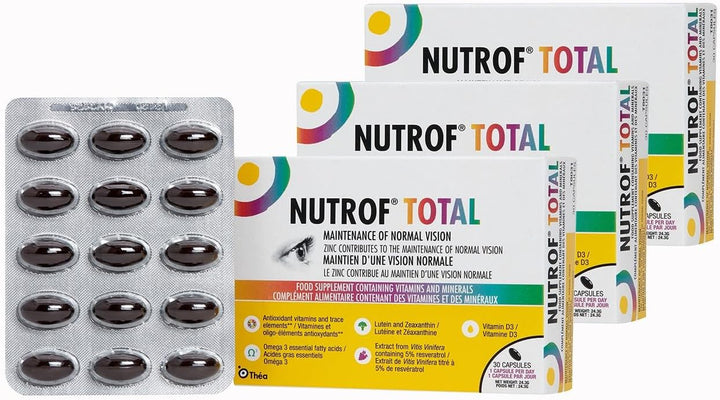 Nutrof Total Capsules – Once Daily Food Supplement with Lutein, Zeaxanthin, Omega 3, and Antioxidants | 3 Pack of 30 Capsules (1 Capsule per Day - 3-Month Supply)