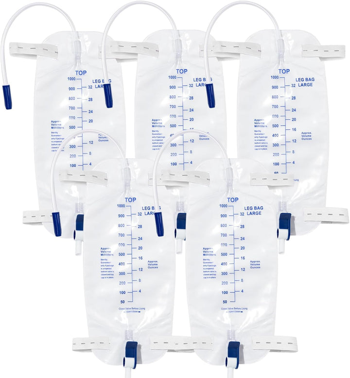 5Pcs 750ML Urinary Drainage Bag, Urine Bag with anti Reflux Chamber, Urine Drainage Bags with T-Tap Valve and 45Cm Tube, Individually Sealed Urinal Night Bags (750, 5)