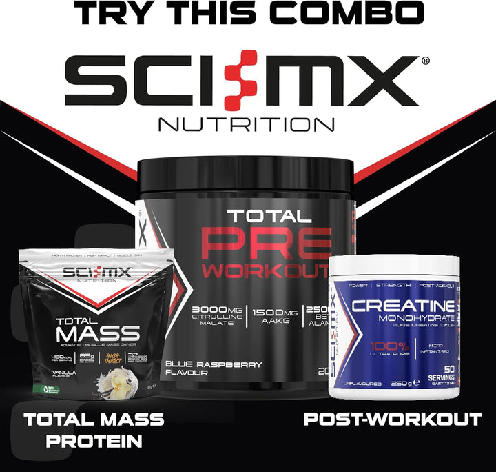 - Total Pre Workout - Blue Raspberry Flavour - 2500Mg Beta Alanine • 3000Mg Citrulline Malate • 200Mg Caffeine • Niacin for Fatigue - 200G