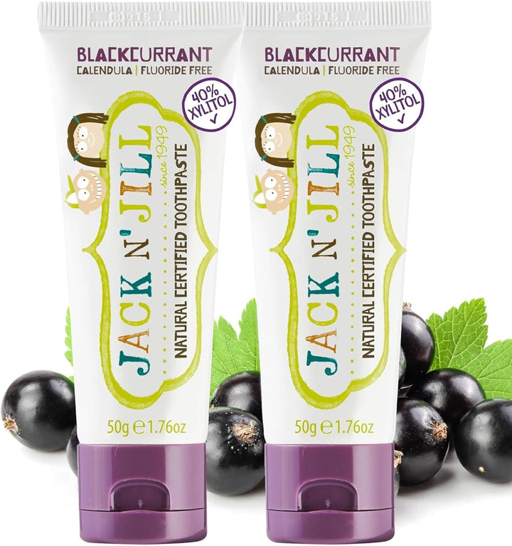 Jack N’ Jill Natural Certified Kids Toothpaste – Fluoride-Free Toddler & Baby Toothpaste with 40% Xylitol, No Sugar, Suitable from 6 Months+, Banana & Strawberry Flavour, Pack of 2 (50G Each)