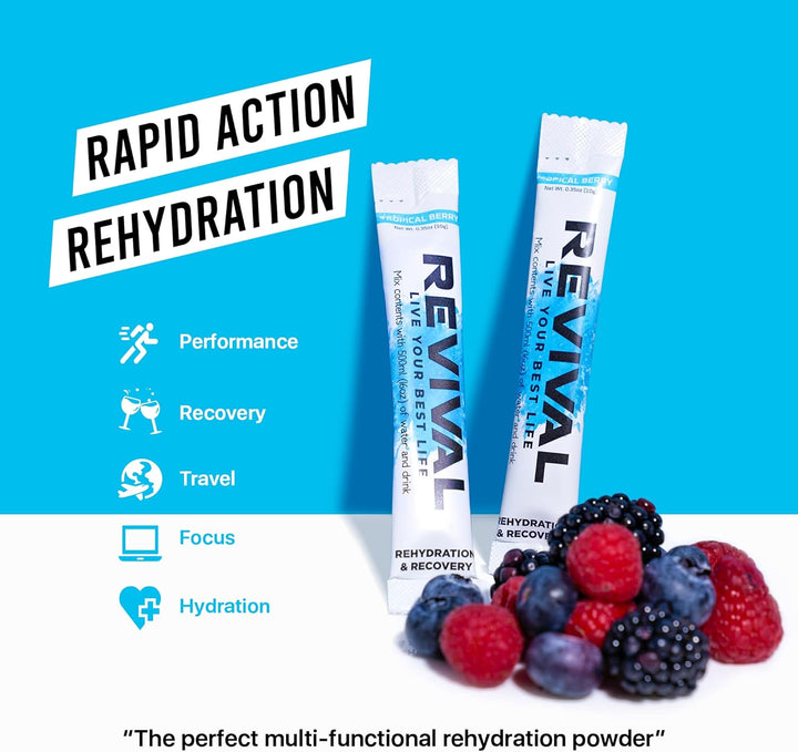 Revival Rapid Rehydration Electrolytes Powder - High Strength Vitamin C, B1, B3, B5, B12 Supplement Sachet Drink, Effervescent Electrolyte Hydration Tablets - 12 Pack Assorted Flavours