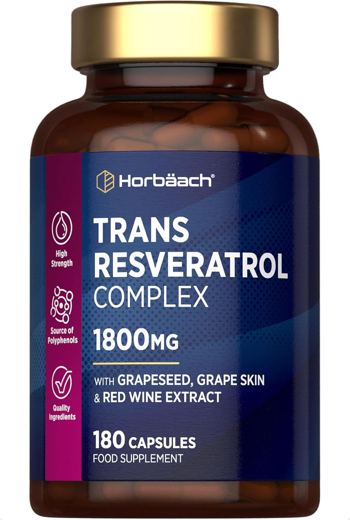 Resveratrol Supplement 1800Mg | 180 Capsules | Trans Resveratrol Complex with Grapeseed, Grape Skin, Red Wine Extract and Blueberry | Source of Polyphenols | by