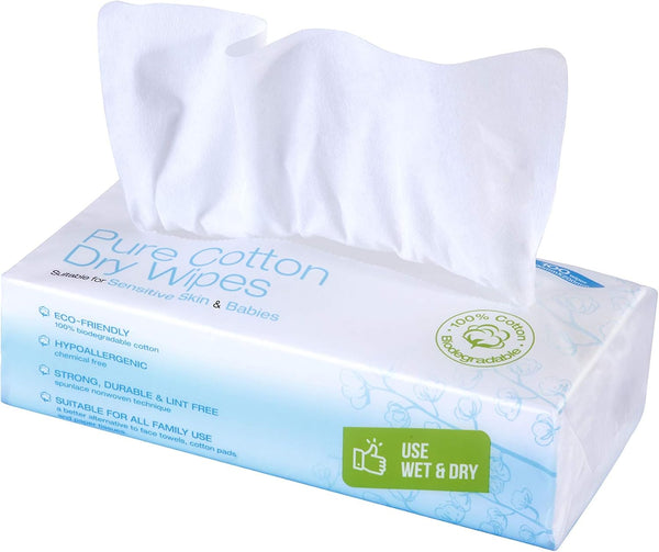 Pure Cotton Dry Wipes, 100 Wipes, Biodegradable, Chemical-Free and Plastic-Free Wipes, Perfect for Newborn Sensitive Skin