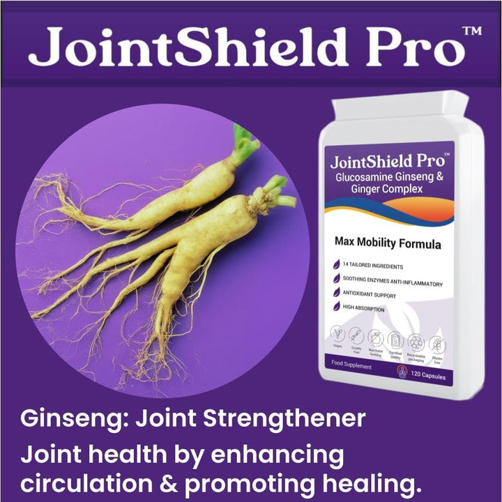 Jointshield Pro Glucosamine, Ginseng, Ginger Supplement with VIT C, MSM, Cherry, Rosehip, ACV, Turmeric & Calming Enzymes - Supports Osteoarthritis, Knee, Ankle Swelling & Inflammation Relief