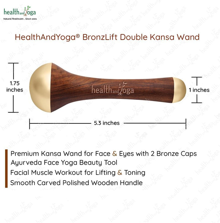Healthandyoga Bronzlift Kansa Wand - Both Side Bronze Cap - Added Beauty Face Oil Vial - Ayurveda Face Yoga Beauty Tool - Facial, Neck & Under-Eye Massage – Toning and Sculpting (Two Dome)