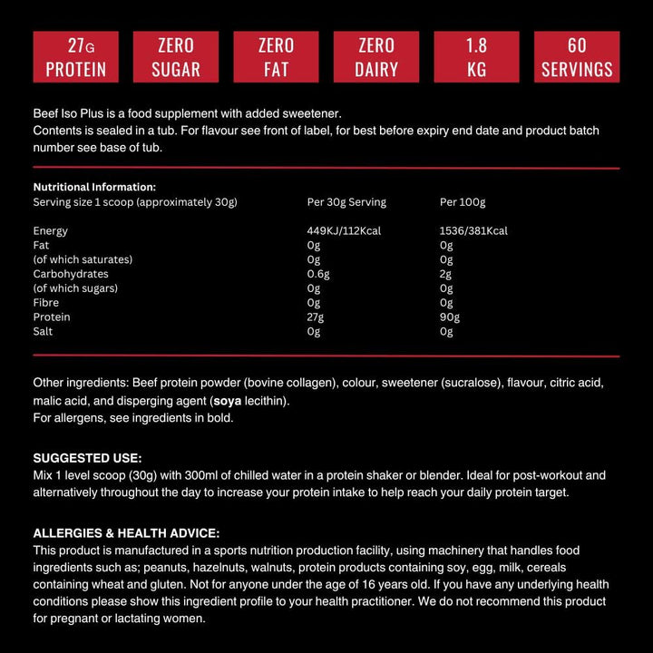 Beef Iso Plus, Beef Protein Isolate Powder, High Protein, Zero Fat and Sugar | 1.8Kg, Orange Burst | Halal, Paleo and Keto Friendly, Dairy and Gluten Free