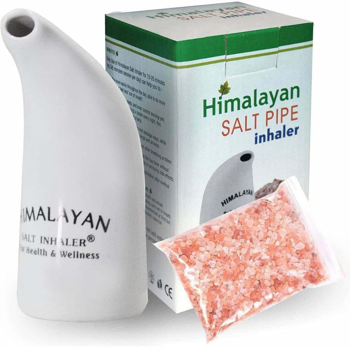 Himalayan Salt Inhaler, White Ceramic, with Pink Salt Crystals, Natural Respiratory Wellness, 200 Gram Salt Free Natural Respiratory Aid