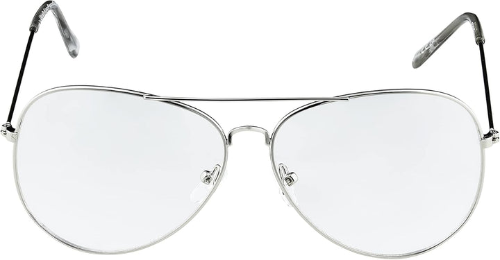 Ultra Adults Silver Frame Pilot Style Costume Glasses Retro Design Glasses Transparent Clear Lens Metal Eyewear Non Prescription Classic Fake Fashion Glasses for Men Women Eyeglass Decorative Eyewear