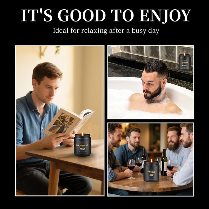 Scented Candles for Men, 4 Pack Mens Candle Set, Soy Candles for Home Scented, Masculine Candle for Him, 28Oz, 200 Hours Burning Time Aromatherapy Candles of Lavender/Eucalyptus/Leather/Oak