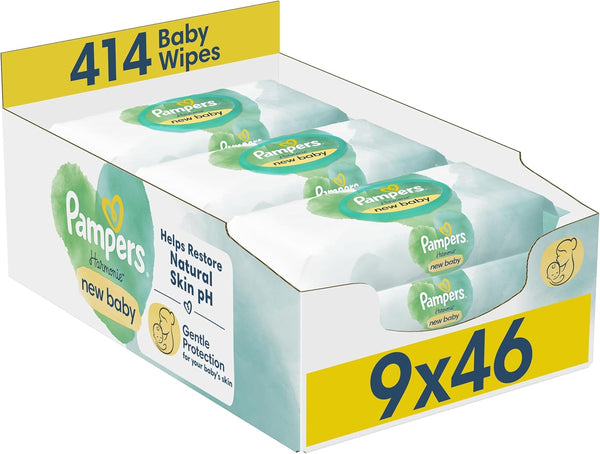 Harmonie New Baby Wipes Plastic Free 9 Packs of 46 Wipes, 414 Baby Wet Wipes, Help Restore Natural Skin Ph