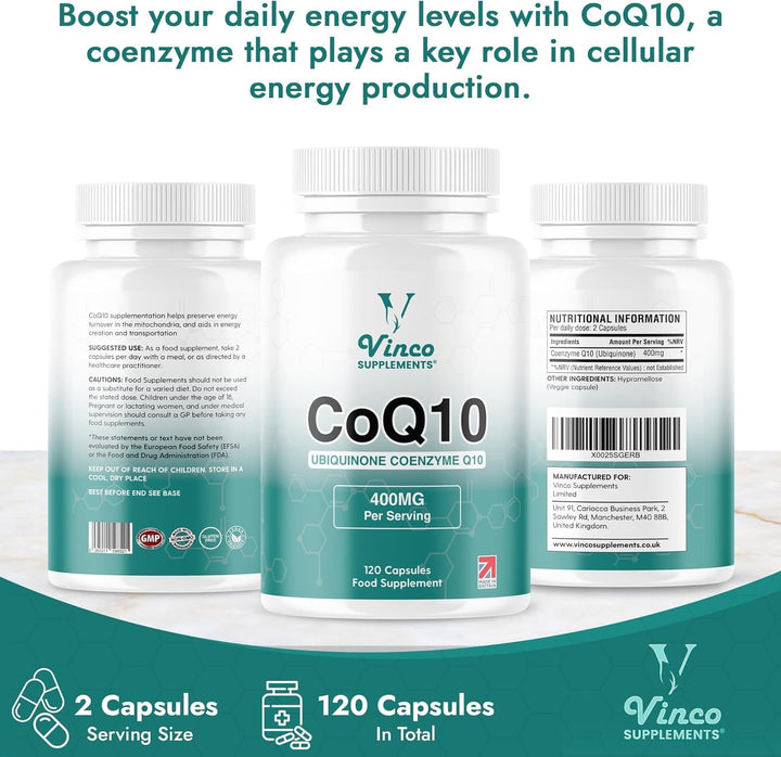Vinco Coq10 400Mg - 120 High Strength Ubiquinone Coenzyme Q10 Capsules - Antioxidant for Heart & Cardio, Increased Energy & Focus - Naturally Fermented - Non-Gmo & Gluten Free - UK Made