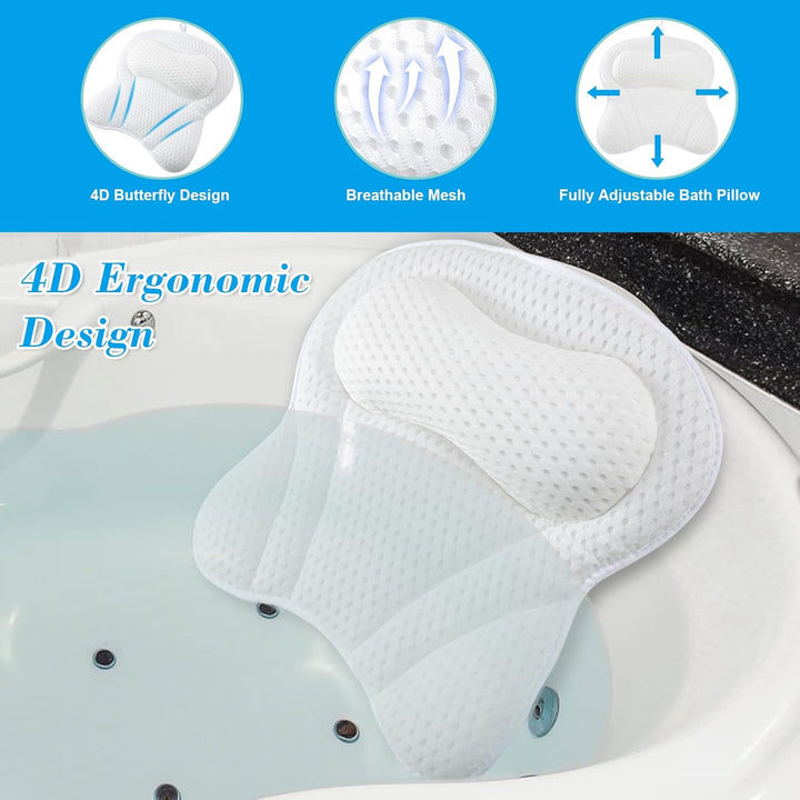 Bath Pillow 4D Ergonomic Bath Pillow Neck and Back Support Bath Cushion Air Mesh Technology Bath Headrest Pillow Bath Pillows with Strong Suction Cups Fits All Bathtub, Hot Tub and Home Spa (White)