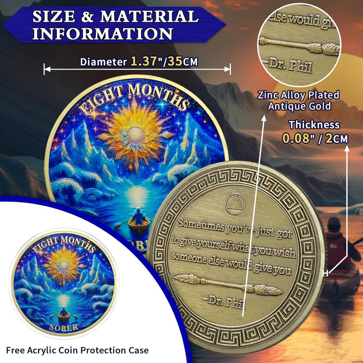 8 Months Sobriety Coin Eight Months Sober Coins August AA Chips and Medallion Sun Chip Alcoholics Anonymous Coin Recovery Anniversary Token Sobriety Gifts for Women Men